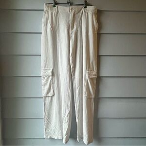 Women Wide Leg Lightweight Linen Blend White Cargo Pants